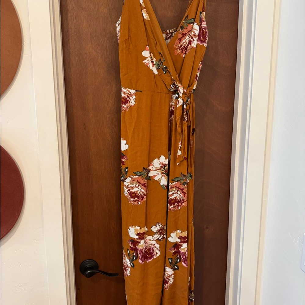 Xhilaration Mustard Floral Wrap Jumpsuit